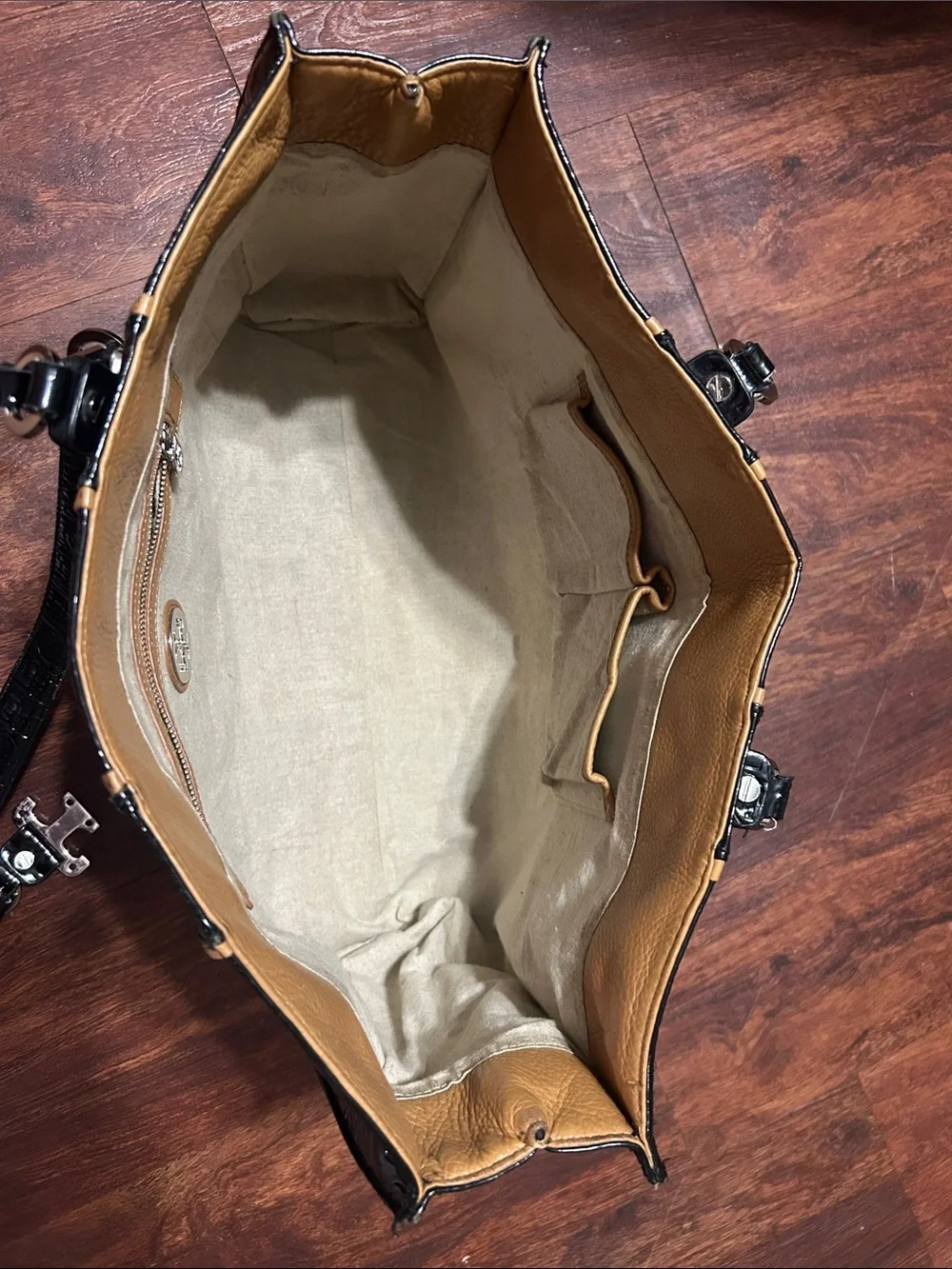 Tory Burch Black Patent Leather Tote with Tan Trim and Logo Embossing
